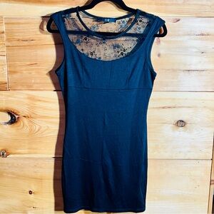 Forever 21 XXI Tiny Black Lace Mini Dress Slinky Tight Whimsigoth BadGirl Size L